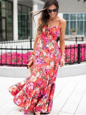 Eliza J Floral Tie Front Tiered Maxi Sundress Size 14 Red Blooms